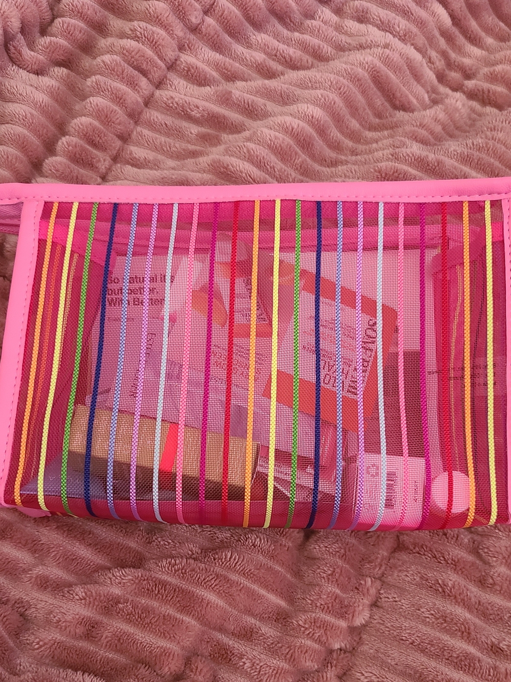 Ulta Beauty Pink Multicolor Striped Clear Cosmetic Pouch + Items